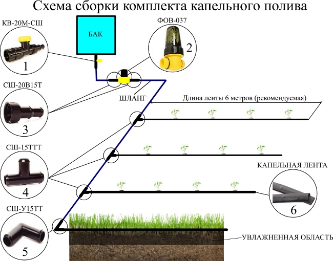 Составляющие элементы системы капельного полива растений