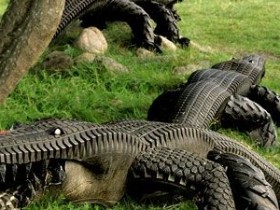 Крокодилы в саду из покрышек